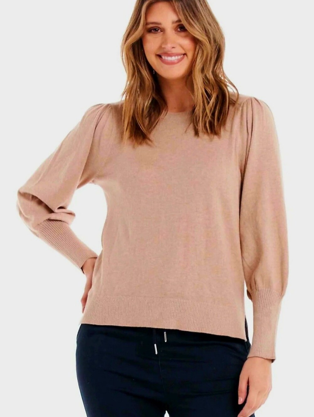Ann Taylor Camel Puff Sleeve Knit Sweater